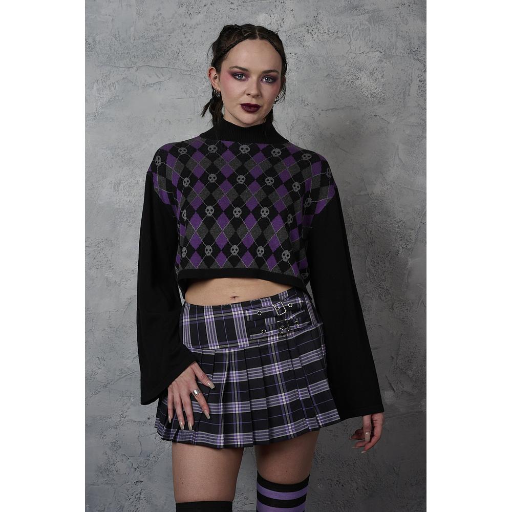 Banned - Skull Argyle Crop Jumper - Black/Purple